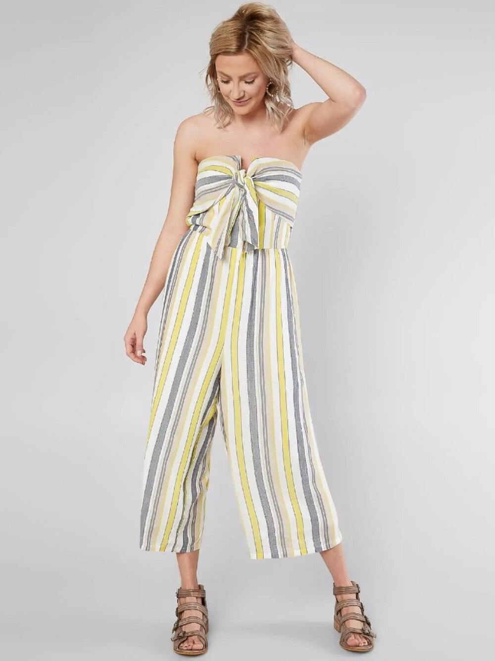Daytrip Buckle Strapless Striped Tie Front Wide Leg Jumpsuit Size S